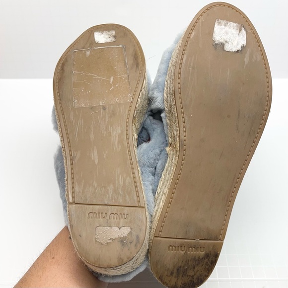 Miu Miu Light Blue Shearling Cross Strap Espadrille Platform Slides - Picture 9 of 10